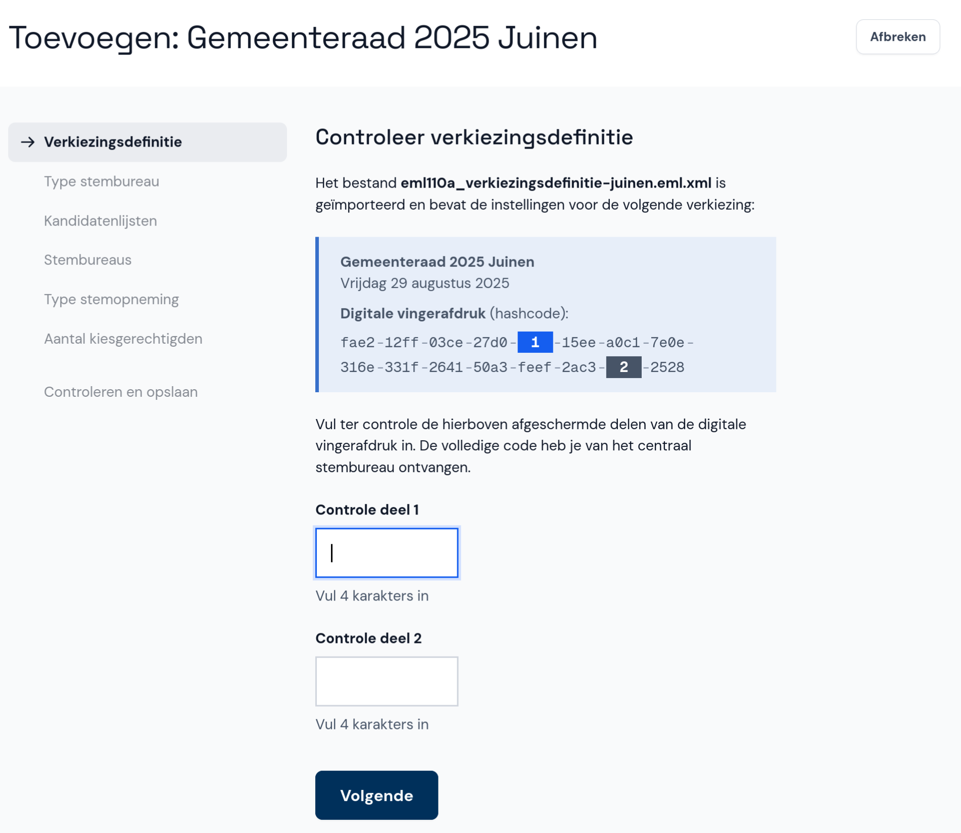 Verkiezingsdefinitie importeren en hashcode invullen