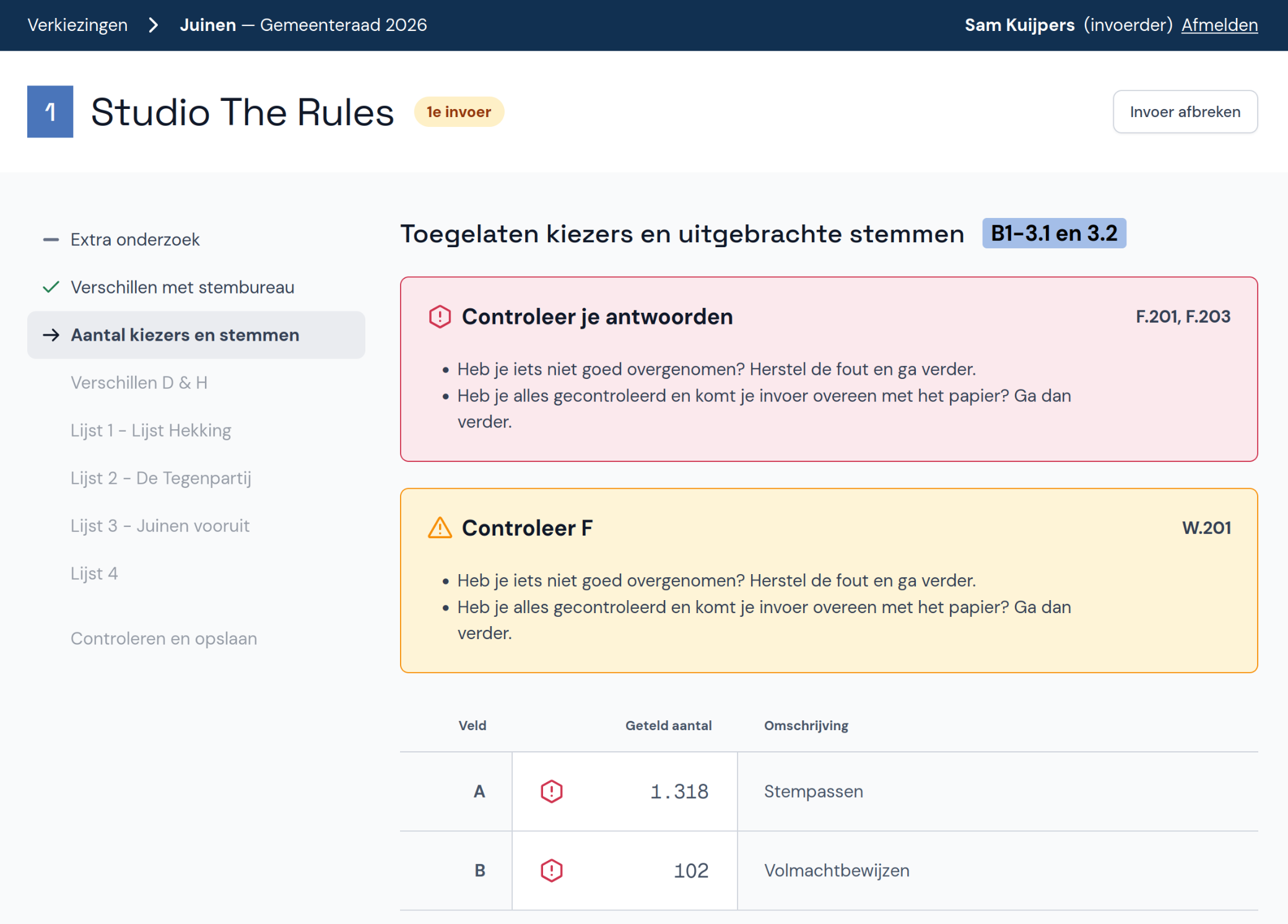 Voorbeeld van fout bij invoerder