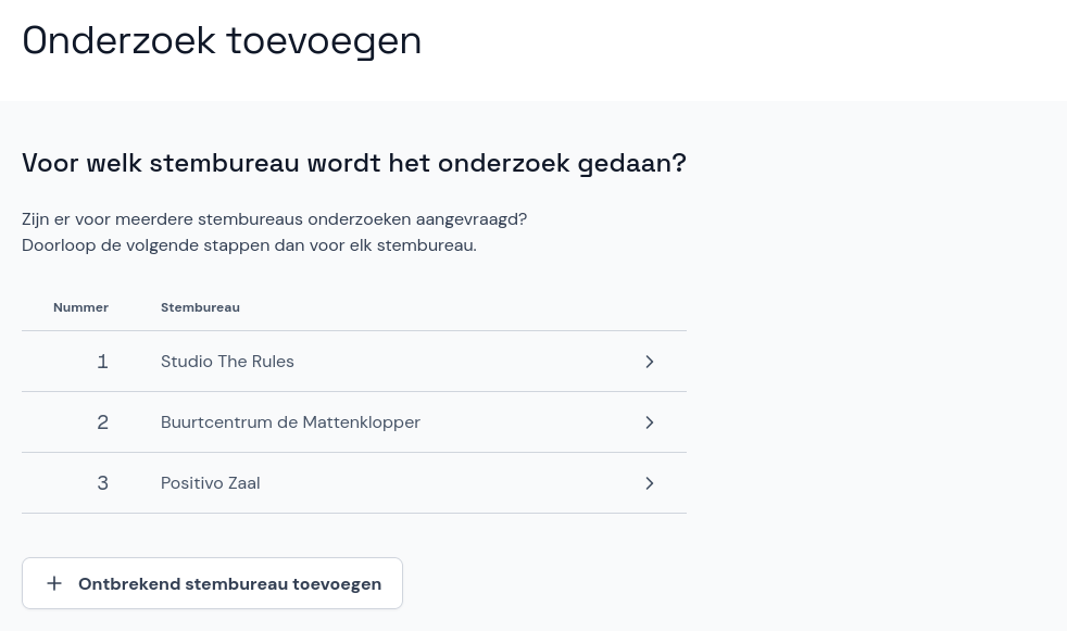 Onderzoek toevoegen: stembureau kiezen