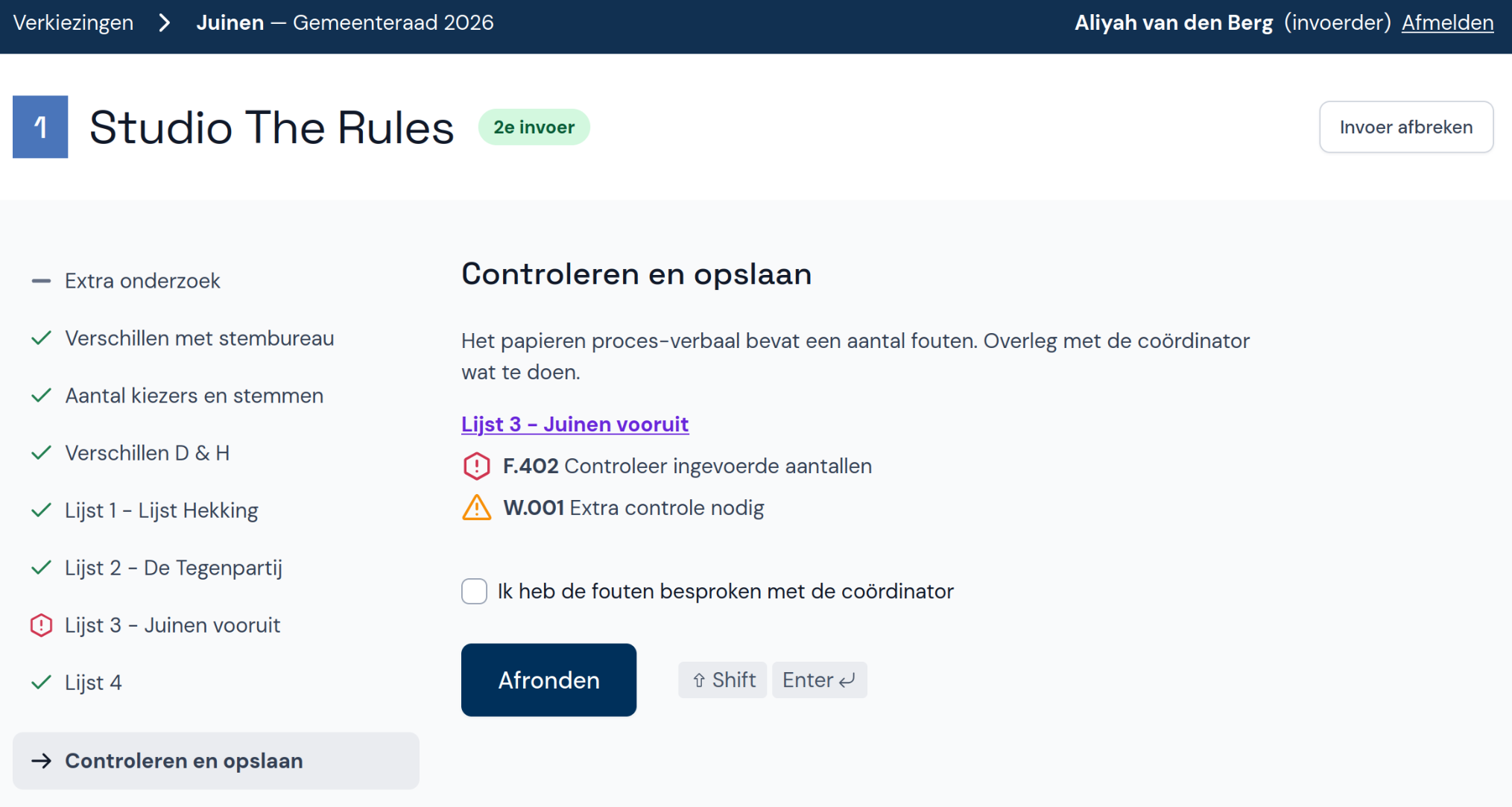 Tweede invoer controleren en opslaan