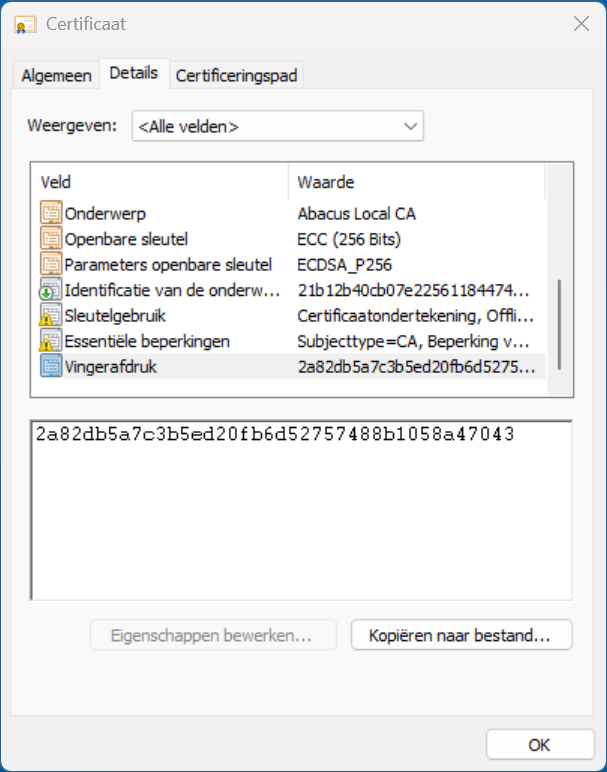 SHA-1-vingerafdruk van het certificaat